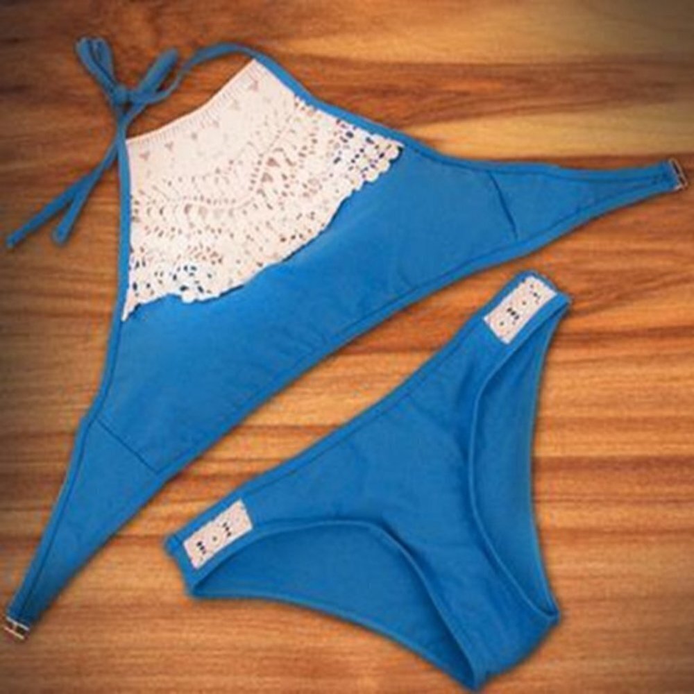 Sexy Womens Blue & White Lace Front Bikini Set
